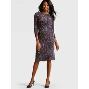 TALBOTS Paisley Print Faux Wrap 3/4 Sleeve Stretch Jersey Dress // M
